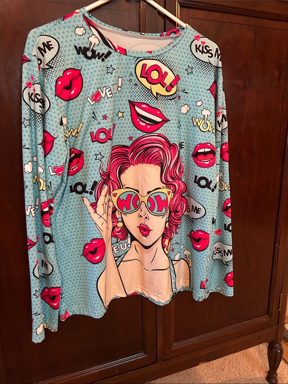 Blue Pop-Art  Shirt  with Pink Graphic Lip & Comic Print